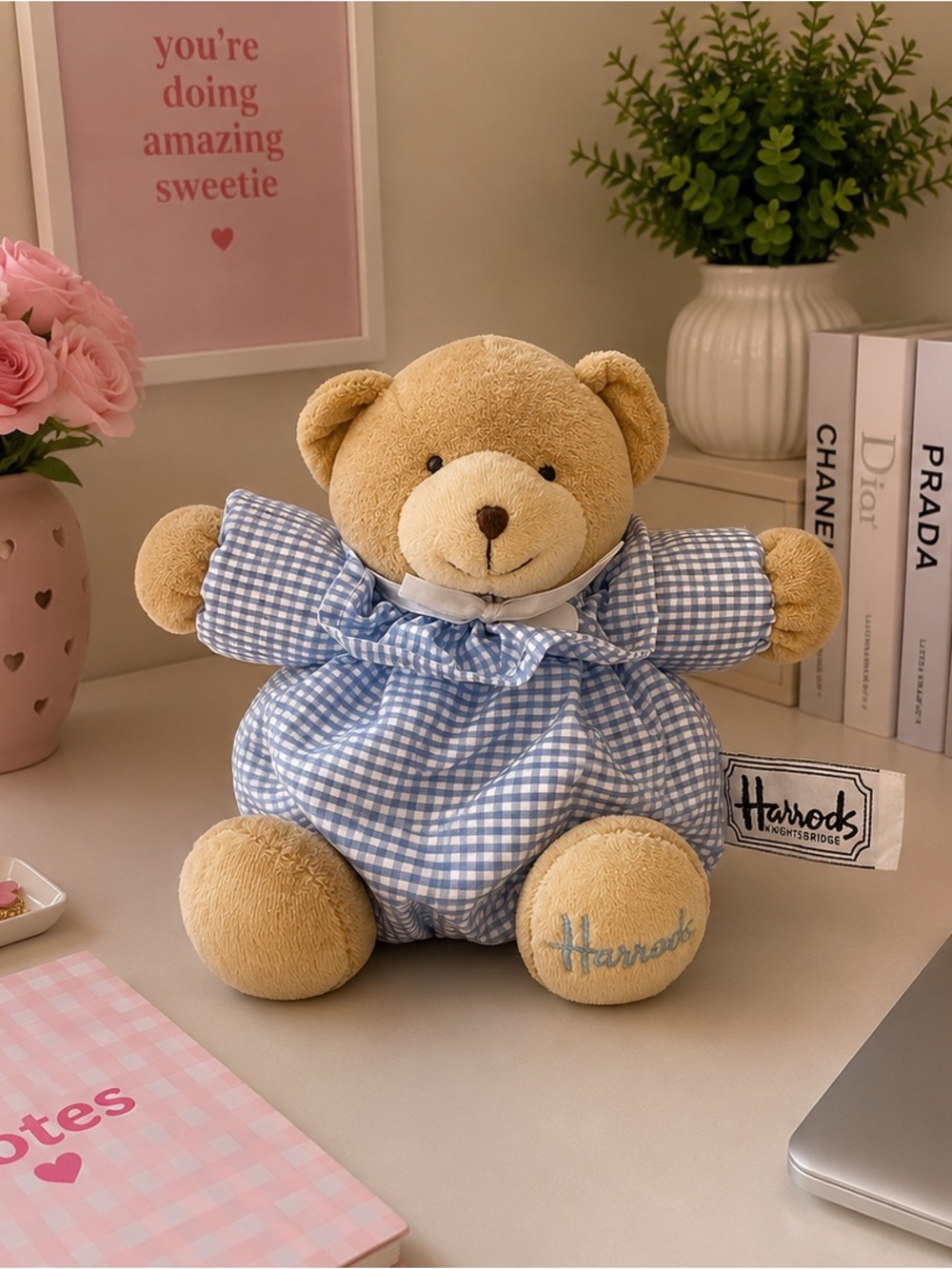 90’s Harrods Beige Teddy Bear with Blue Gingham Dress